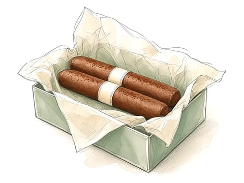 Illustration, not a photo: two chocolate cigars in a small gift box