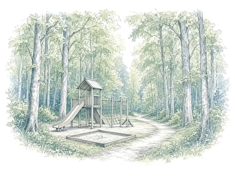 Illustration, not a photo: a wooden playground with a slide and a sandpit among tall forest trees