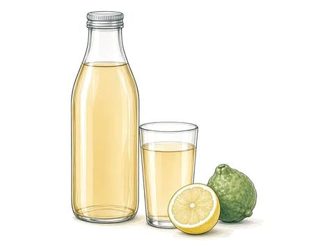 Illustration, not a photo: a plain bottle and a glass of kombucha