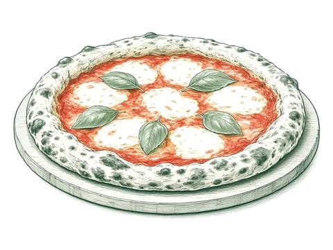 Illustration, not a photo: a pizza margherita with basil on a wooden board