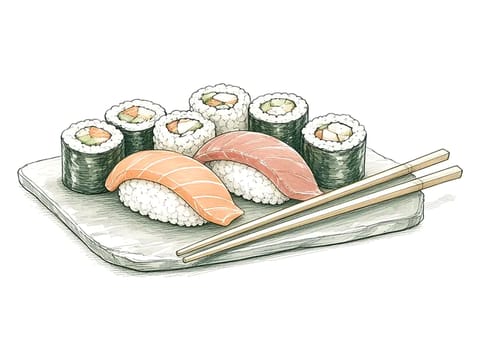 Illustration, not a photo: a few pieces of sushi with chopsticks on a slate plate
