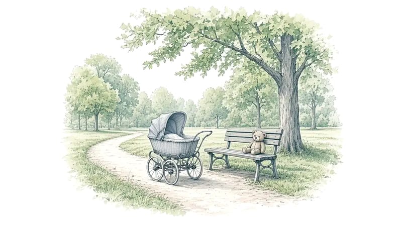 Illustration: a pram on a park path beside a bench with a teddy bear