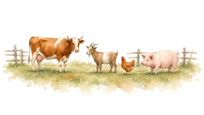 Illustration: a cow, a goat, a hen and a pig standing in a row in front of a wooden fence (a generic farm scene, not this farm)