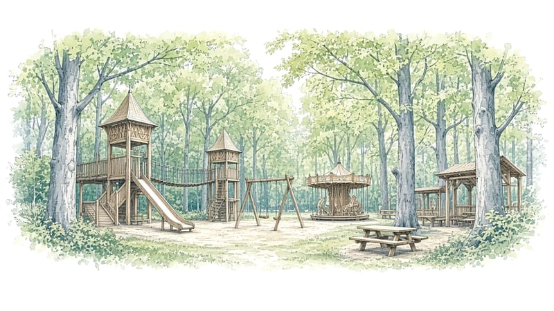 Illustration: a wooden adventure playground with towers, a rope bridge, a slide, swings and a carousel at the edge of a beech forest (not a picture of the real playground)