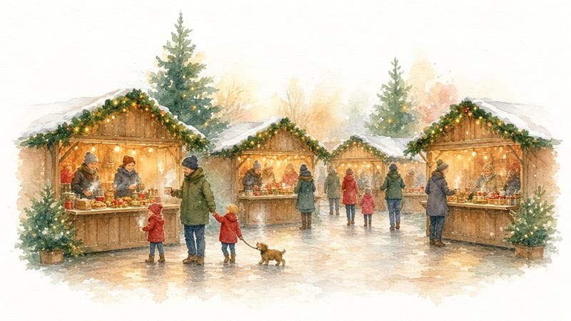 Illustration: a Christmas market with open, warmly lit wooden stalls, people with warm drinks, a parent with children and a puppy on a lead